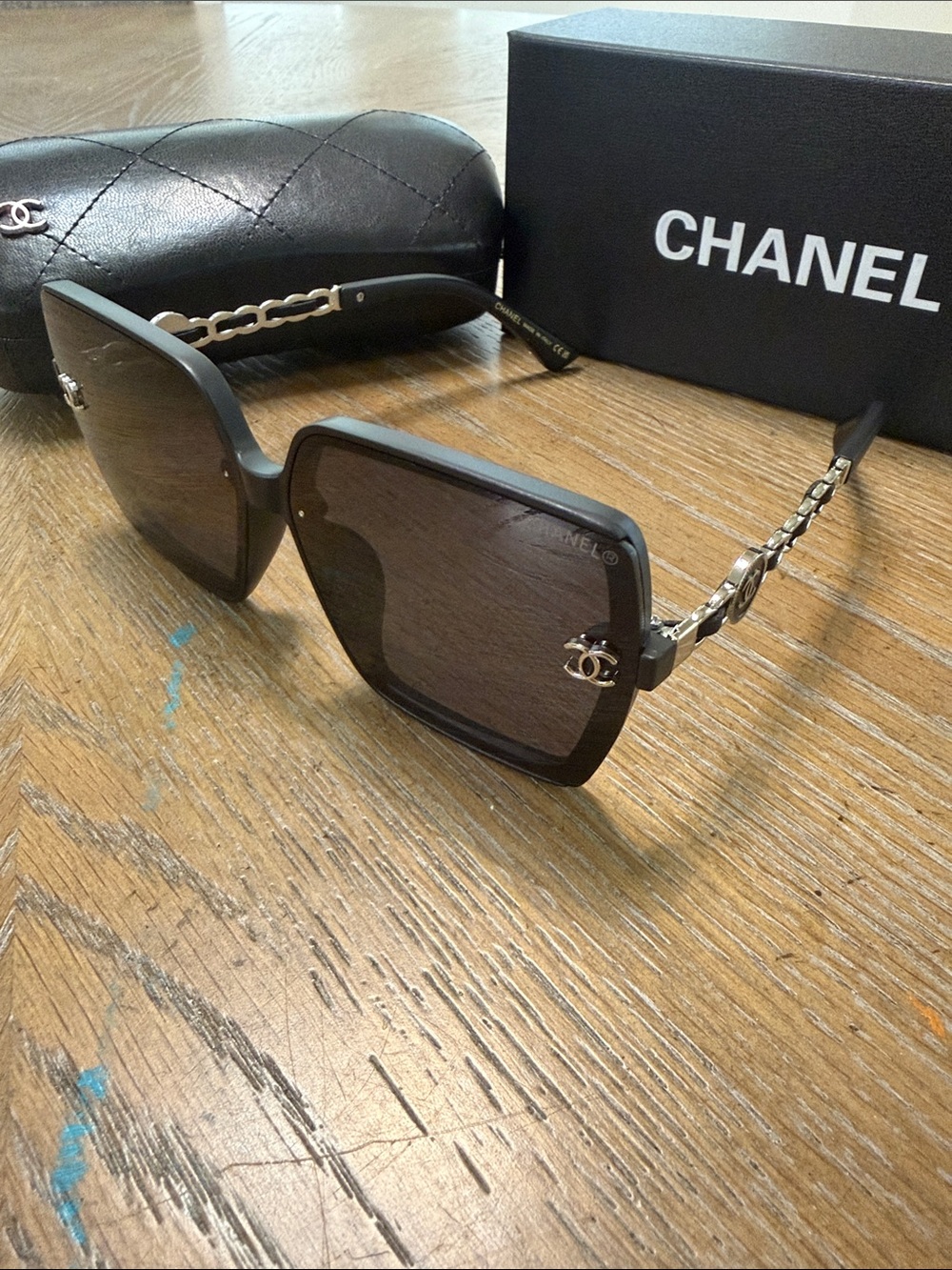 CHANEL Black & Silver Oversized Square Chain-Accent Sunglasses - Picture 5 of 9